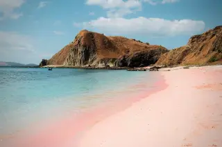 Illustration: A pink sand beach beside turquoise water with arid hills in the background.