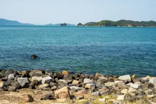 Illustration: A rocky shoreline overlooking calm turquoise sea and green islands in the distance.