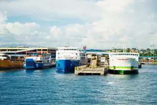 Illustration: Several passenger and cargo ferries docked at a harbour pier under a cloudy sky.