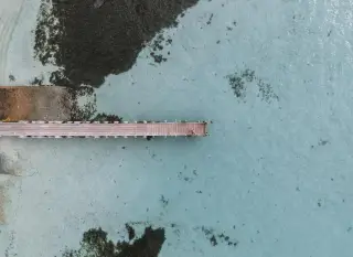 Illustration: Top-down aerial view of a wooden pier stretching into clear turquoise water.