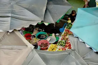 Illustration: A top-down view of an outdoor market stall with fresh produce under umbrellas.