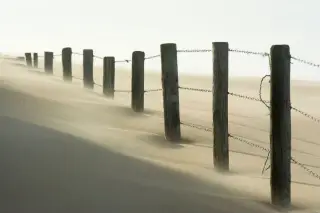 Illustration: A wooden post and barbed wire fence stretches across blowing sand dunes.