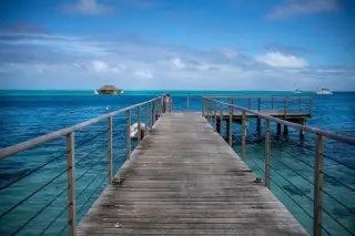 Illustration: A wooden pier extends over clear turquoise sea toward distant boats and an overwater hut under a blue sky.