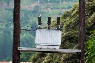 Illustration: A power transformer with insulators mounted on wooden poles against a leafy hill.