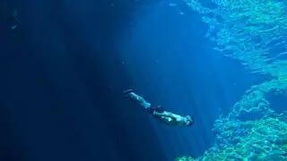 Illustration: A free diver swimming deep underwater near rocky seabed with sun rays.
