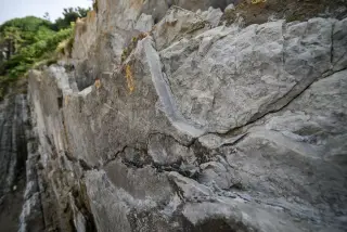 Illustration: Close-up view of a rugged, cracked rock cliff face with layered geological strata.